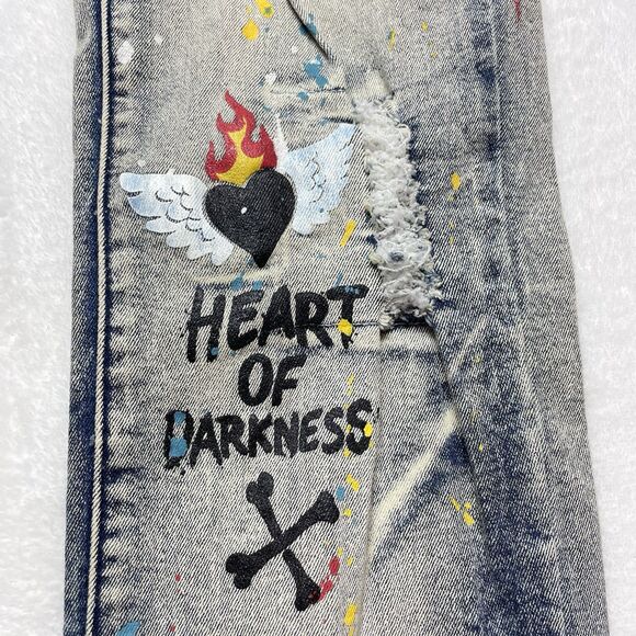 Reason Heart of Darkness Men’s Painted Ripped Jeans Size 30x32 - Picture 6 of 12